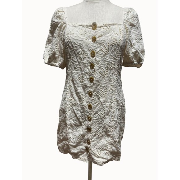 Free People Daniella Cotton Eyelet Mini Dress Puff Sleeve Button Front 8 - Picture 2 of 11